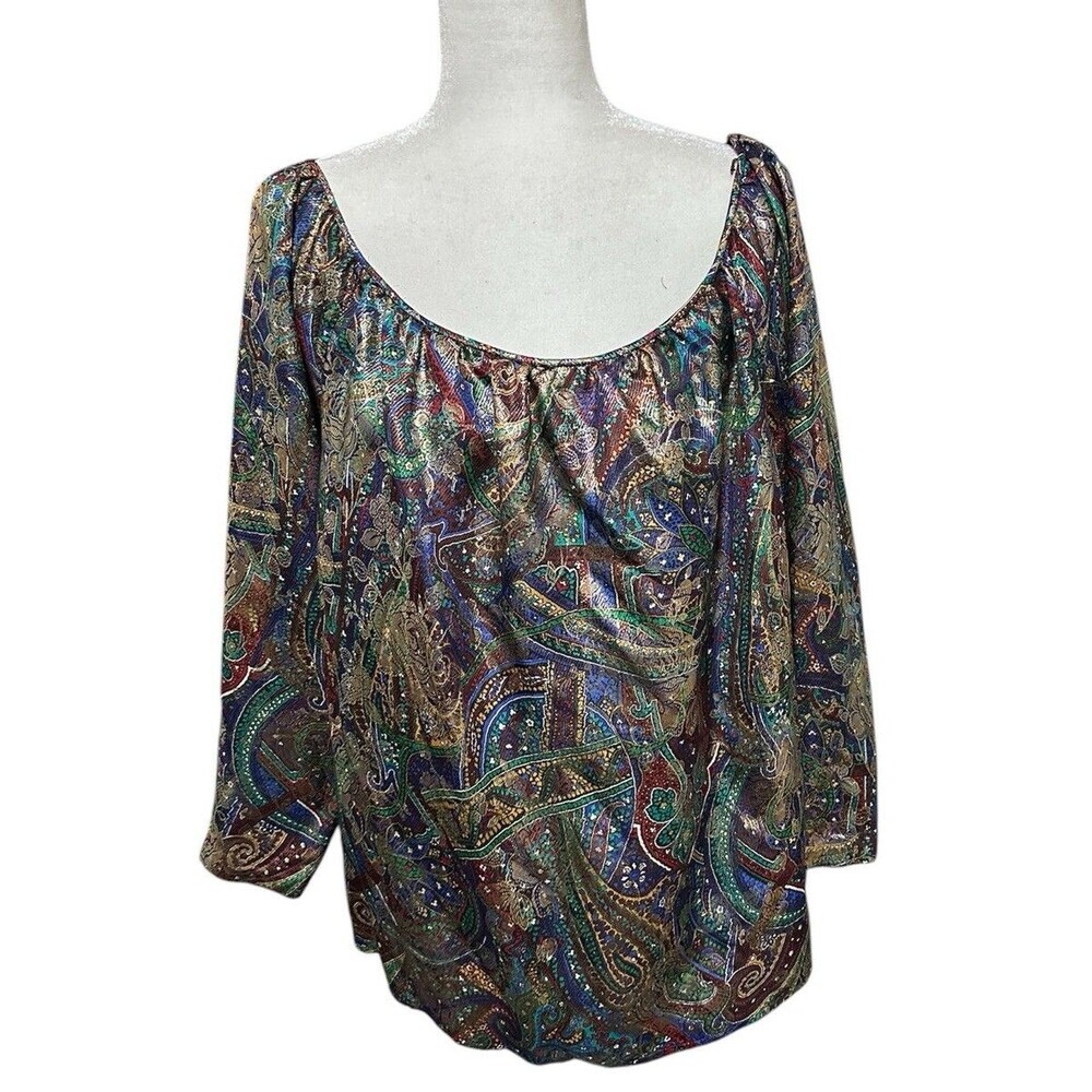 70s VTG Oscar De La Renta Silk Top Sz 10 Metallic Paisley Peasant Maximalist‎